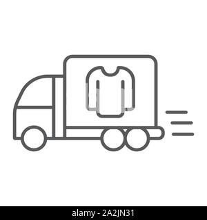 Laundry service delivery thin line icon, laundry and car, dry cleaning delivery sign, vector graphics, a linear pattern on a white background. Stock Vector