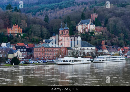 Miltenberg on river Main: View with parish church and castle, Lower Franconia, Bavaria, Germany Stock Photo