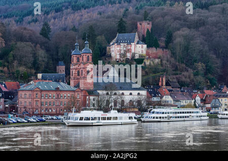 Miltenberg on river Main: View with parish church and castle, Lower Franconia, Bavaria, Germany Stock Photo