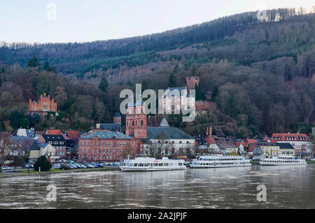 Miltenberg on river Main: View with parish church and castle, Lower Franconia, Bavaria, Germany Stock Photo