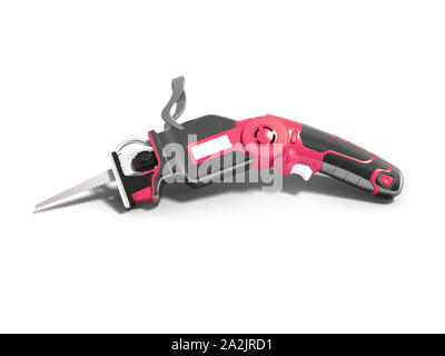 Modern red hacksaw on battery for garden works in summer 3d render on white background with shadow Stock Photo