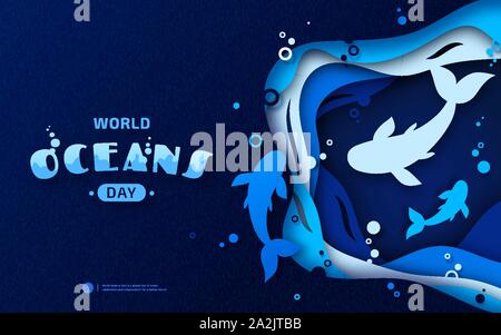 World Oceans Day, paper art. Global celebrate dedicated to protect and conserve purity of water, problem of plastic pollution of nature, ecosystem Stock Vector