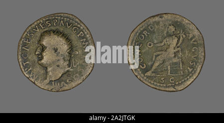 Dupondius (Coin) Portraying Emperor Vespasian, AD 69/79, Roman, Ancient Mediterranean, Bronze, Diam. 2.8 cm, 12.82 g Stock Photo