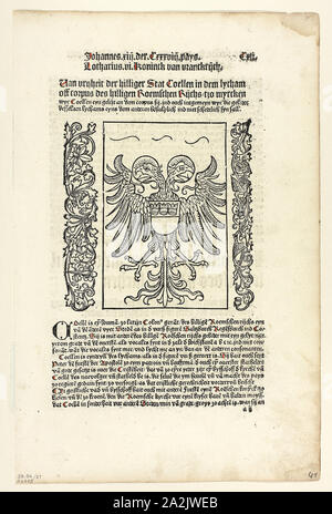 Holy Roman Empire Coat of Arms with Cologne Coat of Arms from Koelner Chronik (Cologne Chronicle), Plate 37 from Woodcuts from Books of the 15th Century, 1499, portfolio assembled 1929, Unknown Artist (Cologne, late 15th century), printed and published by Johann Kœlhoff the Younger (German, active 1487–1502), portfolio text by Wilhelm Ludwig Schreiber (German, 1855–1932), Germany, Woodcut in black, and letterpress in black with rubrication (recto and verso), on cream laid paper, tipped onto cream wove paper mat, 135 x 135 mm (image), 338 x 220 mm (sheet Stock Photo