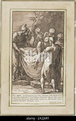 The Entombment, 1725, Conte Anton Maria Zanetti (Italian, 1680–1767), or after Parmigianino (Italian, 1503-1540), Italy, Chiaroscuro woodcut in black and brown on off-white laid paper, text in black on cream laid paper, both laid down on off-white laid paper, 190 x 120 mm (image/sheet, trimmed to block), 215 x 120 mm (image and text), 427 x 296 mm(sheet Stock Photo
