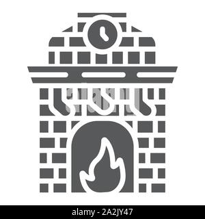Christmas fireplace glyph icon, holiday and fire, fireplace with stocking sign, vector graphics, a solid pattern on a white background. Stock Vector