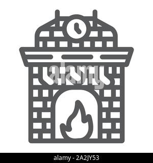 Christmas fireplace line icon, holiday and fire, fireplace with stocking sign, vector graphics, a linear pattern on a white background. Stock Vector