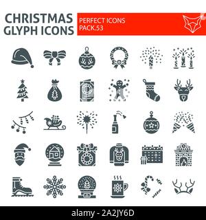 Christmas glyph icon set, holiday symbols collection, vector sketches, logo illustrations, new year signs solid pictograms package isolated on white Stock Vector