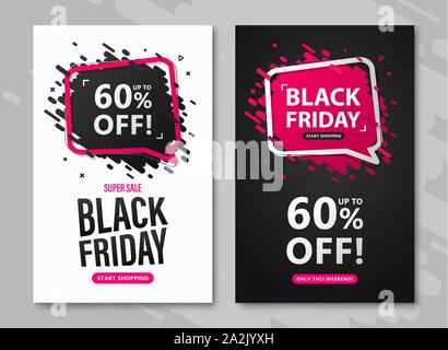 Black Friday sale flyers. Set od discount posters with speech bubble and lettering up to 60 percent off to advertising, flyers on thanksgiving day Stock Vector