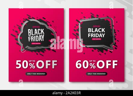 Black Friday sale flyers. Discount posters with speech bubble and lettering on pink background to advertising shopping, closeout on thanksgiving day Stock Vector