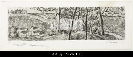 Landscape Panorama, 1879, Camille Pissarro, French, 1830-1903, France, Etching and aquatint in black on white wove paper, 113 × 393 mm (image), 116 × 397 mm (plate), 161 × 436 mm (sheet Stock Photo