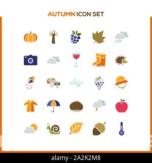 Flat color autumn icon set. Isolated vector illustrations Stock Vector