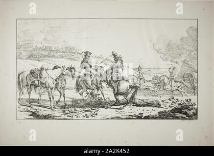 Mounted Artilleryman with Three Horses Bridled at Once, 1817, Carle Vernet (French, 1758-1836), printed by Comte Charles Philibert de Lasteyrie (French, 1759-1849), France, Lithograph in black on ivory wove paper, 238 × 428 mm (image), 342 × 505 mm (sheet Stock Photo