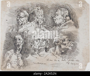 Studies of Heads, 1860, after Jean Baptiste Carpeaux, French, 1827-1875, France, Engraving on paper, 229 × 285 mm Stock Photo