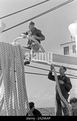 Die Männer des Fabrikschiffs 'Jan Wellem' bei ihrer Arbeit an Deck, 1930er Jahre. The crew of factory vessel 'Jan Wellem' working on deck, 1930s. Stock Photo