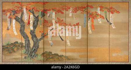 Flowering Cherry and Autumn Maples with Poem Slips, 1654/81, Tosa Mitsuoki, Japanese, 1617-1691, Japan, Pair of six-panel screens, ink, color, gold and silver on silk, Each 144 x 286 cm Stock Photo