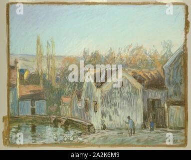 A Corner of Moret-sur-Loing, 1895, Alfred Sisley, French, 1839-1899, France, Pastel, with stumping, on gray wove paper with blue fibers (discolored to tan), 337 × 426 mm Stock Photo