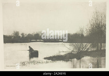 Field’s Weir, Near Rye House, 1888, Peter Henry Emerson, English, born Cuba, 1856–1936, England, Photogravure, plate XVII from the album 'The Compleat Angler or the Contemplative Man's Recreation, Volume I' (1888), edition 109/250, 13.1 × 20.1 cm (image), 15.2 × 22 cm (paper), 25.1 × 32 cm (album page Stock Photo