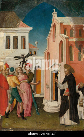 Saint Peter Martyr Exorcizing a Woman Possessed by a Devil, 1445/55, Antonio Vivarini, Italian, about 1415-1476/84, Italy, Tempera on panel, Panel: 54.8 × 35.5 cm (21 9/16 × 14 in.), Painted Surface: 51.3 × 33.7 cm (20 3/16 × 13 1/4 in Stock Photo