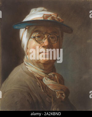 Self-Portrait with a Visor, c. 1776, Jean-Siméon Chardin, French, 1699-1779, France, Pastel on blue laid paper, mounted on canvas, 457 × 374 mm Stock Photo