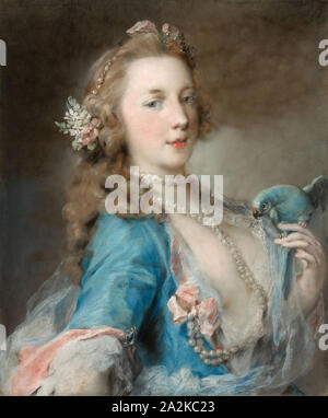 A Young Lady with a Parrot, c. 1730, Rosalba Carriera, Italian, 1675-1757, Venice, Pastel on blue laid paper, mounted on laminated paper board, 600 × 500 mm Stock Photo