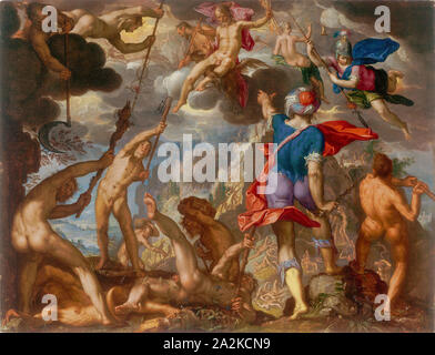 The Battle between the Gods and the Giants, c. 1608, Joachim Antonisz. Wtewael, Dutch, c. 1566-1638, Netherlands, Oil on copper, 6 1/8 × 8 in. (15.6 × 20.3 cm Stock Photo