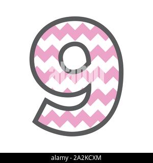 9 Nine Chevron Number w colorful pink and white pattern and grey border Stock Vector