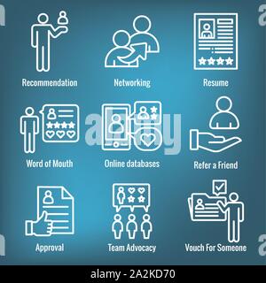 Employee Referral Process Icon Set with Networking, Recommendation, & reference Stock Vector