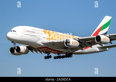 FRANKFURT, GERMANY - SEP 11, 2019: Emirates Airlines Airbus A380 passenger airliner on Frankfurt Airport. Stock Photo
