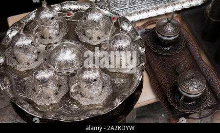 Turkish delight cups, pots, tea kettles and souvenirs are made of copper. Mostar city in Bosnia and Herzegovina. Stock Photo