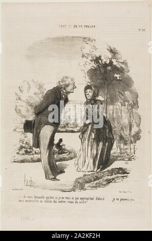 I am sorry that I did not recognize you right away. I could not distinguish you from all the other roses!, plate 55 from Tout Ce Qu’on Voudra, 1850, Honoré Victorin Daumier, French, 1808-1879, France, Lithograph in black on ivory wove paper, with letterpress verso, 255 × 217 mm (image), 367 × 244 mm (sheet Stock Photo