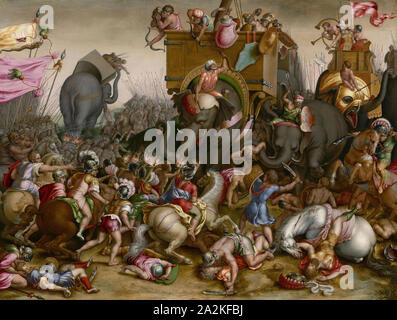 The Battle of Zama, after 1567, After Cornelis Cort, Netherlandish, c. 1533–before April 22, 1578, Netherlands, Oil on panel, 23 1/4 × 16 13/16 in. (59 × 42.7 cm Stock Photo