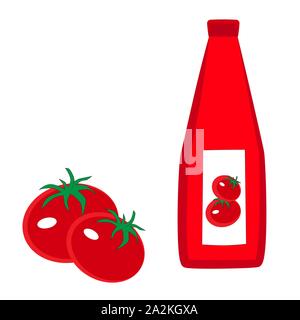 Two red tomatoes and a bottle of ketchup isolated by a white background. Stock Vector
