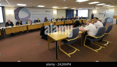 PSNI Chief Constable Simon Byrne and Deputy Chief Constable Stephen Martin address the Northern Ireland Policing Board in Belfast. Stock Photo