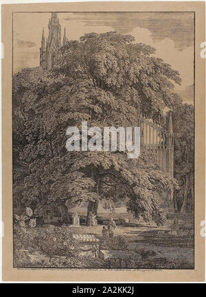 Gothic Church Behind an Oak Grove with Tombs, 1810, Karl Friedrich Schinkel, German, 1781-1841, Germany, Lithograph in black, with white heightening, on brown wove paper, 482 x 342 mm (image/plate), 523 x 382 mm (sheet Stock Photo