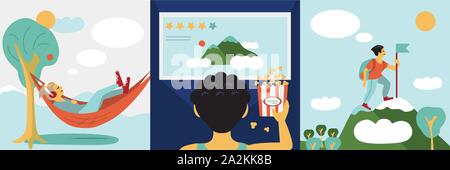 Boy, child or man in a hammock on nature and dreams, sleeps or studies homework, watches a movie on TV and climbs the mountains, reaching goals, vecto Stock Vector
