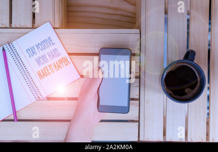 Word writing text Stay Positive Work Hard Make It Happen. Business photo showcasing Inspiration Motivation Attitude woman computer smartphone drink mu Stock Photo