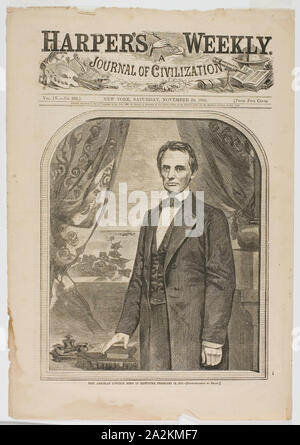 Hon. Abraham Lincoln, Born in Kentucky, February 12, 1809, published November 10, 1860, Winslow Homer (American, 1836-1910), published by Harper’s Weekly (American, 1857-1916), United States, Wood engraving on paper, 276 x 234 mm (image), 422 x 294 mm (sheet Stock Photo