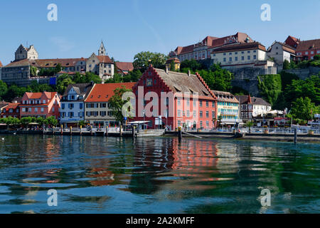 Meersburg on Lake Constance: Lower town with harbour, above Meersburg Castle and New Castle, Bodensee District, Baden-Württemberg, Germany Stock Photo