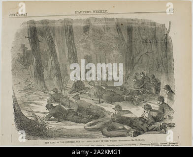 The Army of The Potomac—Our Outlying Picket in the Woods, published June 7, 1862, Winslow Homer (American, 1836-1910), published by Harper’s Weekly (American, 1857-1916), United States, Wood engraving on paper, 174 x 236 mm (image), 209 x 274 mm (sheet Stock Photo