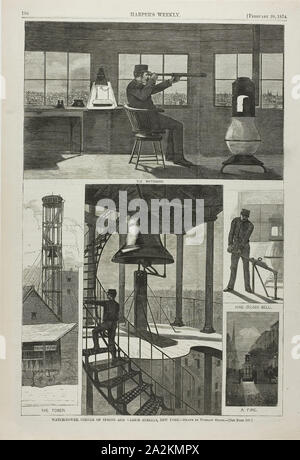 Watch-Tower, Corner of Spring and Varick Streets, New York, published February 28, 1874, Winslow Homer (American, 1836-1910), published by Harper’s Weekly (American, 1857-1916), United States, Wood engraving on paper, 350 x 233 mm (image), 393 x 269 mm (sheet Stock Photo