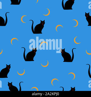 Seamless wild animals pattern Cats black silhouette, crescent on blue. Halloween paint cartoon print with feline, moon. Cute kid boo illustration Stock Photo