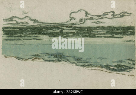 The Sea at Bognor, 1895, Theodore Roussel, French, worked in England, 1847-1926, France, Etching, drypoint and softground in green and monotype in greenish blue on bluish ivory laid paper, 75 × 141 mm (image/plate), 100 × 151 mm (sheet, trimmed within plate mark Stock Photo