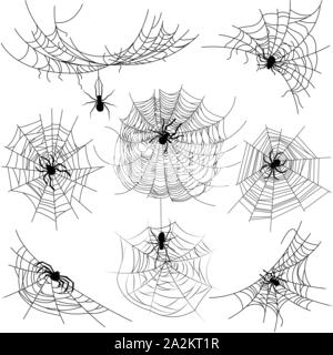 Set of spider web of different shapes with black spiders isolated Stock Vector