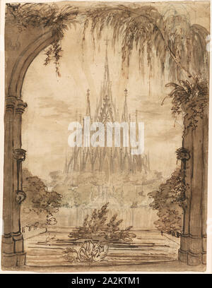 Gothic Cathedral Behind a Pond with Swans, 1810/15, Karl Friedrich Schinkel, German, 1781-1841, Germany, Pen and brush and brown wash, with brush and brown wash and watercolor, over graphite, on cream wove paper, 244 x 185 mm