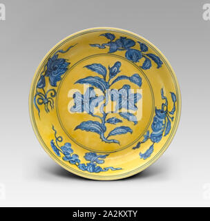 Dish with Floral and Fruit Sprays (Gardenia Dish), Ming dynasty, Hongzhi reign mark and period (1488–1505), China, Porcelain painted in underglaze blue and overglaze yellow enamel, Diam: 25.6 cm (10 1/8 in.), Untitled, 1855/68, Georgina Cowper, attributed, English, mid 19th century, England, Albumen print, 33.7 × 19.6 cm (image), 24.1 × 20 cm (paper, oval), 29.1 × 23.4 cm (album page Stock Photo