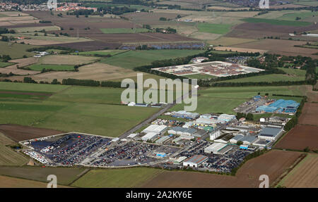 aerial view of Full Sutton Industrial Estate, Full Sutton village, prison & airfield, East Yorkshire, UK Stock Photo