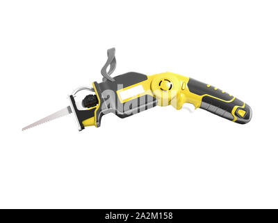 Modern yellow hacksaw on battery for garden works in summer 3d render on white background no shadow Stock Photo