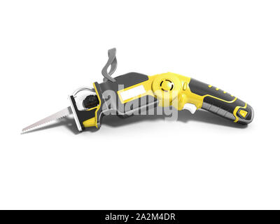 Modern yellow hacksaw on battery for garden works in summer 3d render on white background with shadow Stock Photo