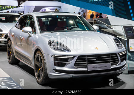 FRANKFURT, GERMANY - SEP 11, 2019: Porsche Macan Turbo car showcased at the Frankfurt IAA Motor Show 2019. Stock Photo